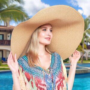 Khaki Super Wide Brim Straw Hat Wired Edge Floppy Brown NWT